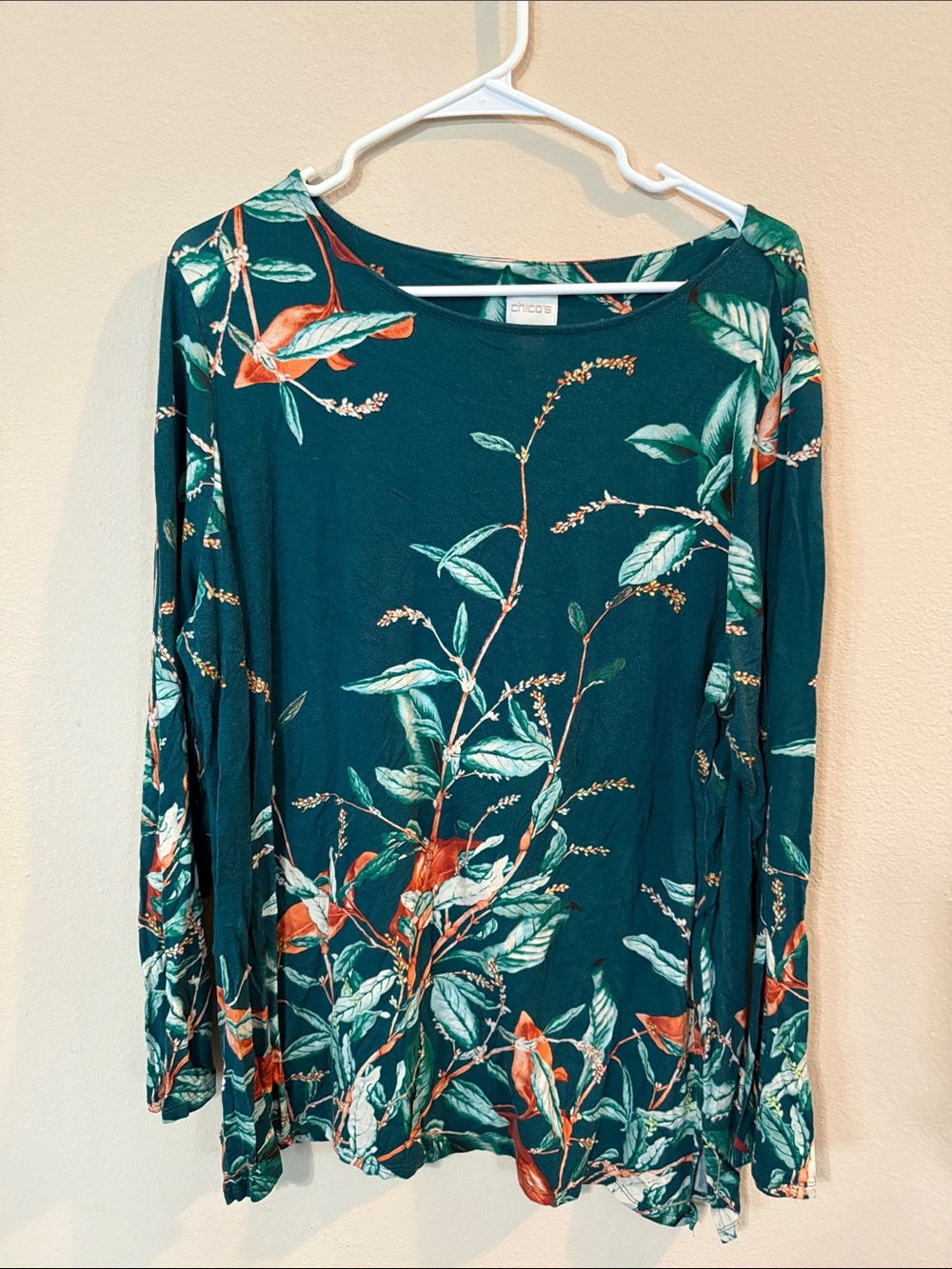 Chico's Teal Floral-Leaf Long Sleeve Top